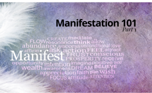 A light purple colored background with a word cloud with words related to manifesting and the law of attraction, along with the wording Manifestation 101 Part 1 for the first part of a series of articles on manifestation.